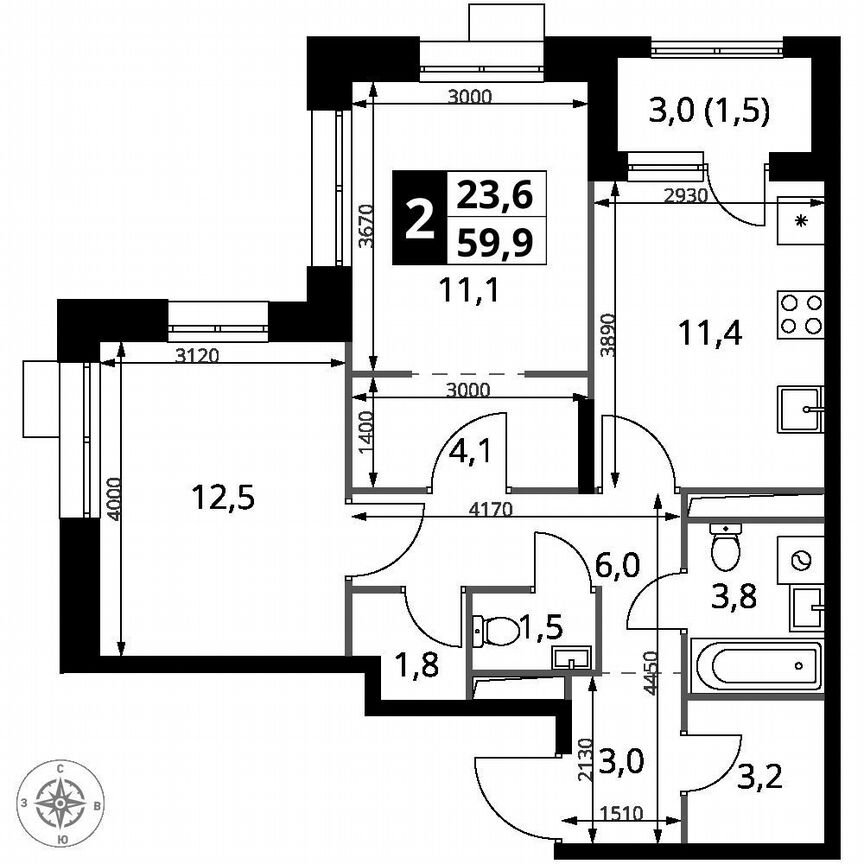 2-к. квартира, 59,9 м², 24/25 эт.