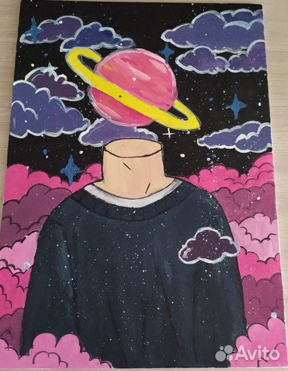 Картина маслом на холсте человек с головой планеты