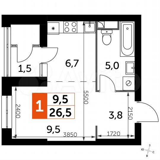 Квартира-студия, 26,5 м², 25/43 эт.