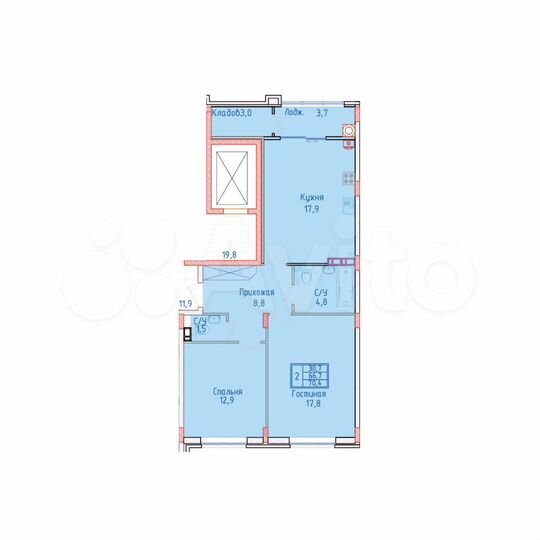 2-к. квартира, 70,4 м², 6/8 эт.