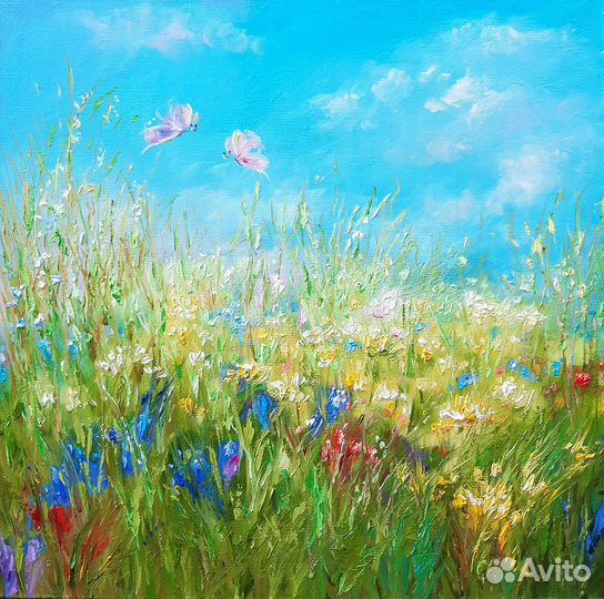 Картина летний пейзаж Разнотравье ромашки маки