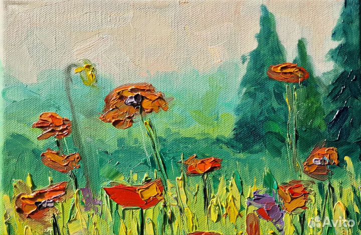 Картина маслом на холсте пейзаж цветы мастихином