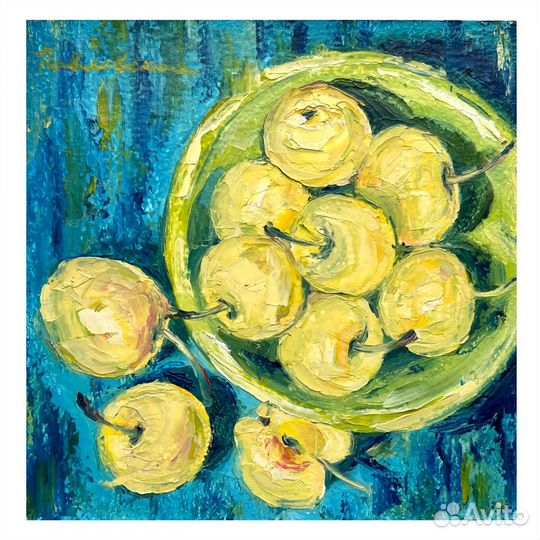 Картина маслом натюрморт с яблоками, 20/20 см