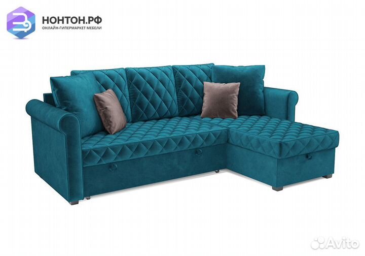Угловой диван дельфин Берлин вельвет сине-зеленый