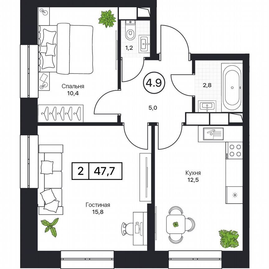 2-к. квартира, 47,7 м², 5/17 эт.