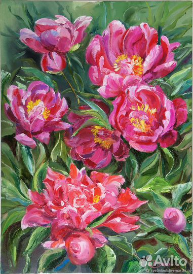 Картина маслом в рамке. Красные пионы