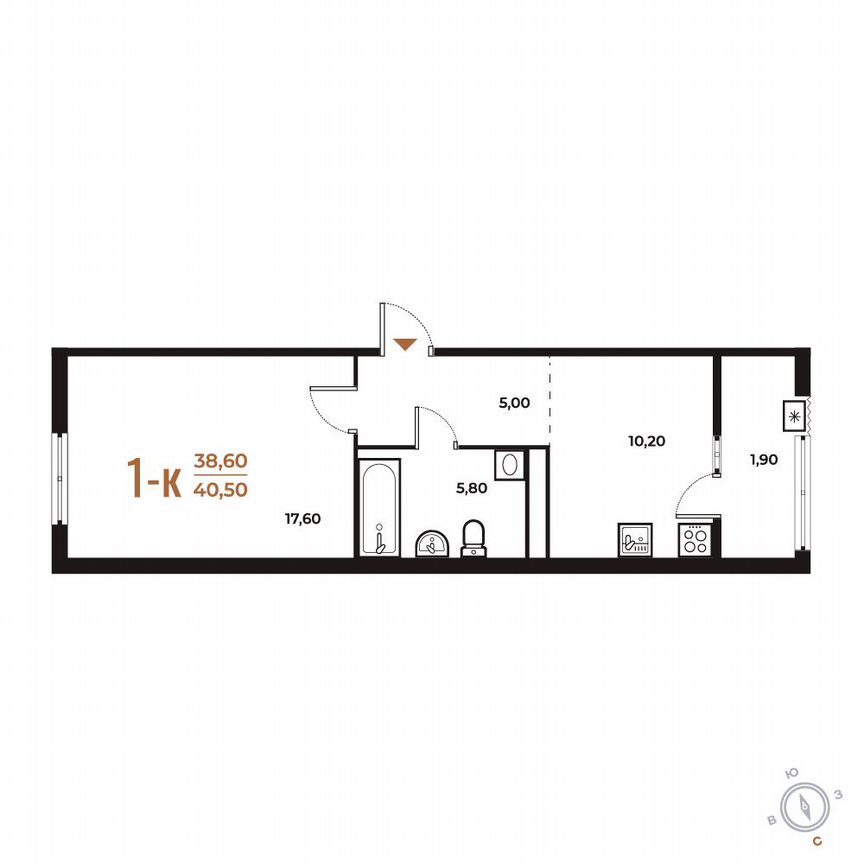 1-к. квартира, 40,5 м², 3/8 эт.