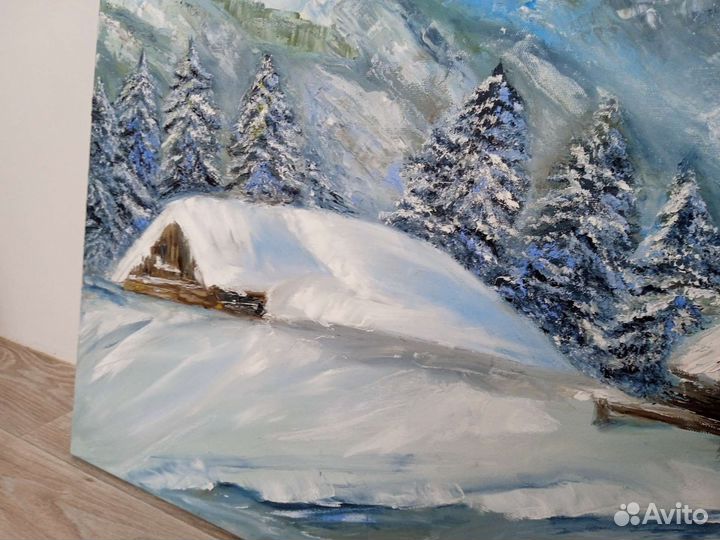 Картина маслом на холсте. Зимний пейзаж. Большая