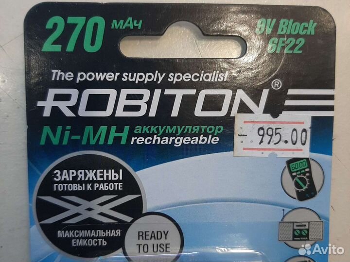 Аккумулятор крона 9v robiton 270mA