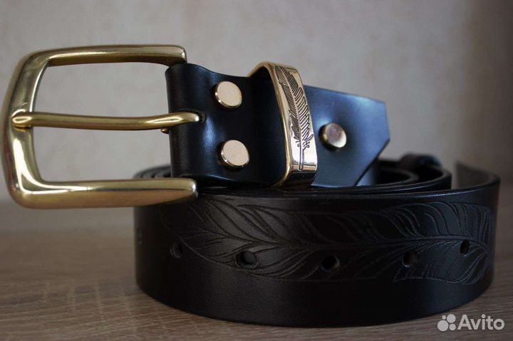 Мужской ремень чёрный кожаный ручной работы