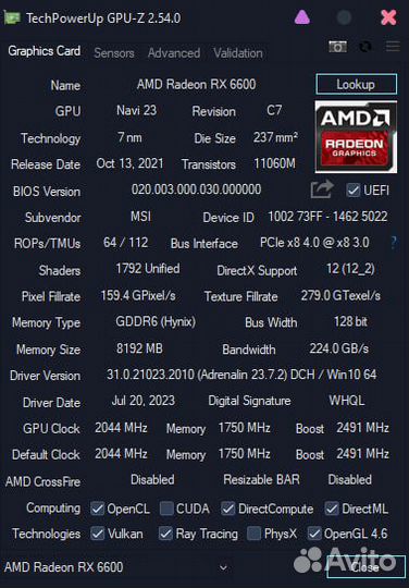 Видеокарта msi rx 6600 mech