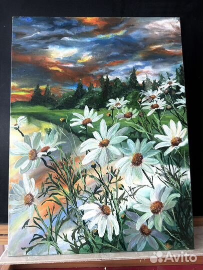 Картина маслом на холсте пейзаж ромашки