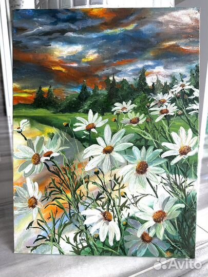 Картина маслом на холсте пейзаж ромашки