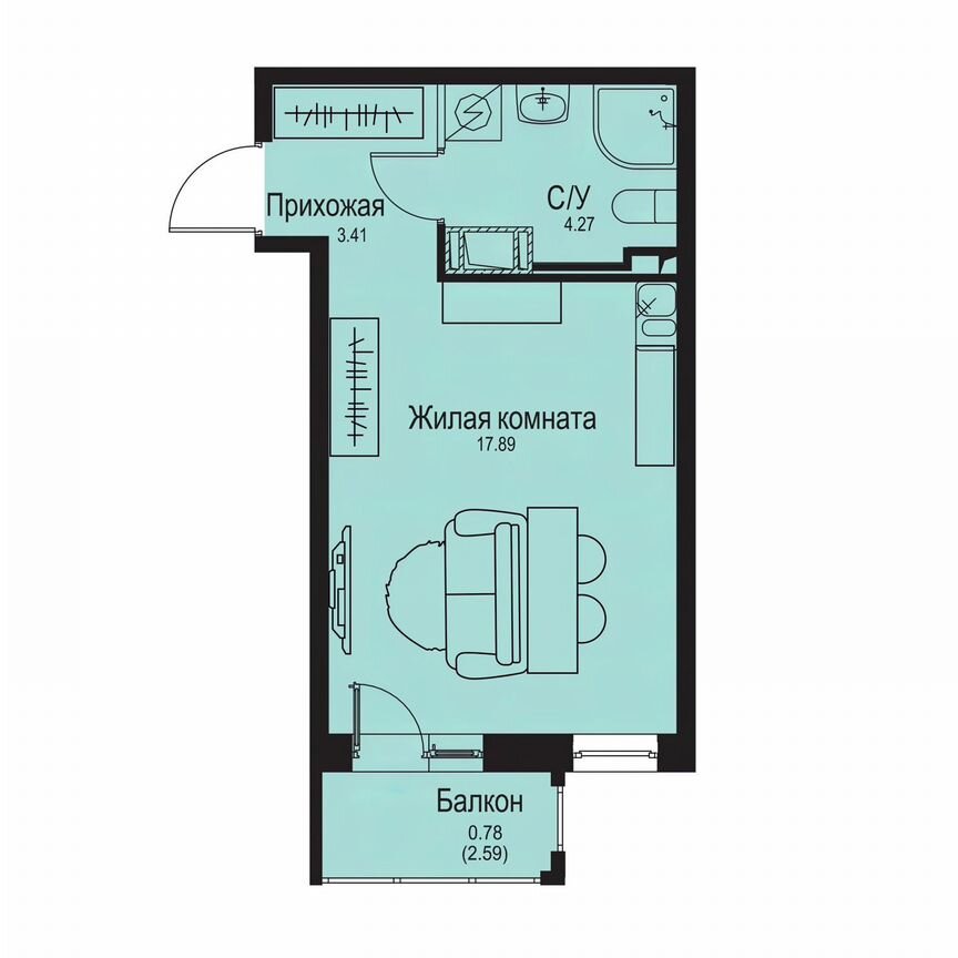 Квартира-студия, 26,4 м², 2/9 эт.