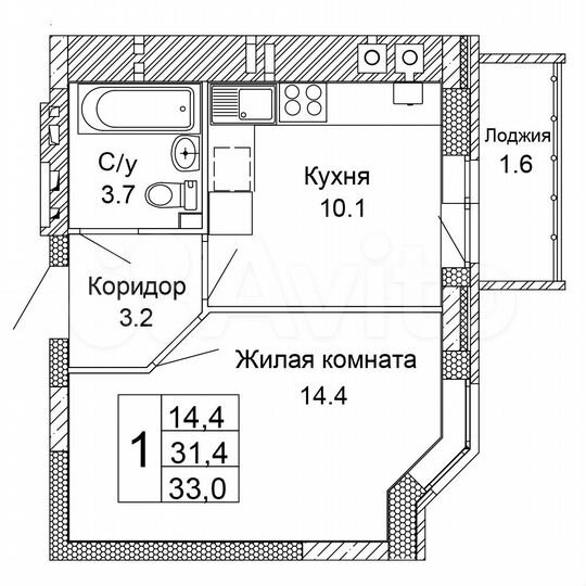 1-к. квартира, 33 м², 4/9 эт.