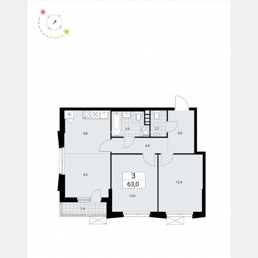 3-к. квартира, 63 м², 3/19 эт.