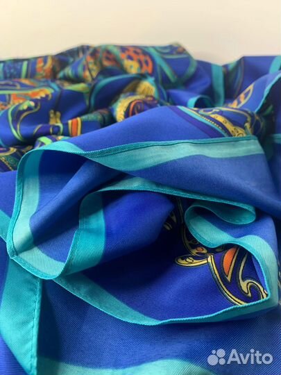 Платок Hermes/Эрмес,130х130,принт птицы синий