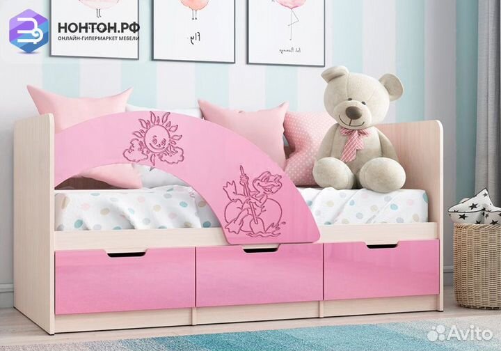 Кровать Юниор-3 Мульт розовый металл / дуб беленый