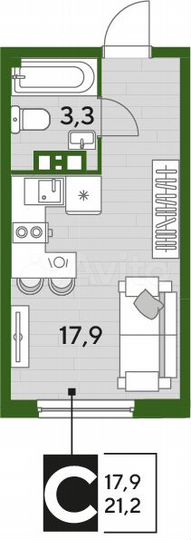 Квартира-студия, 21,2 м², 9/16 эт.