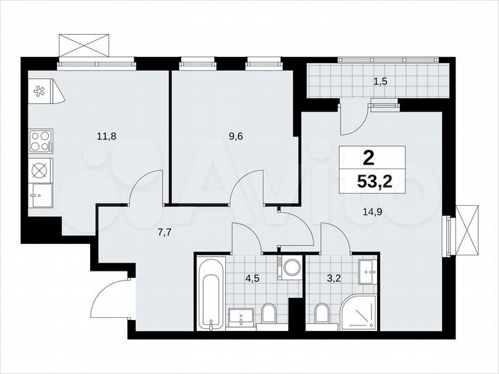 2-к. квартира, 53,2 м², 14/19 эт.