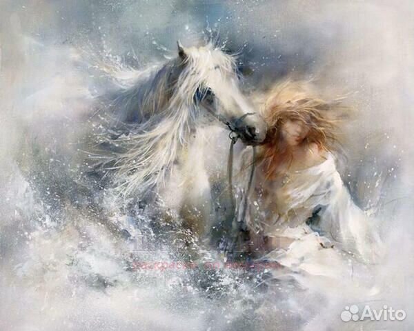 Алмазная мозаика 40x50 Девушка и белогривая лошадь