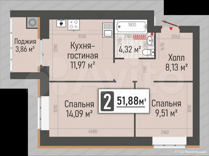 2-к. квартира, 51,9 м², 2/10 эт.