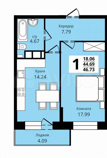 1-к. квартира, 46,7 м², 8/17 эт.