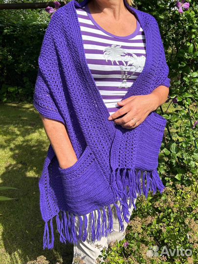 Палантин накидка вязаная с карманами 100 шерсть