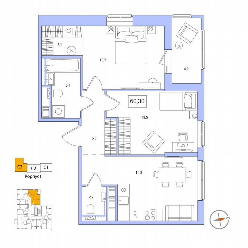 2-к. квартира, 60,3 м², 3/12 эт.