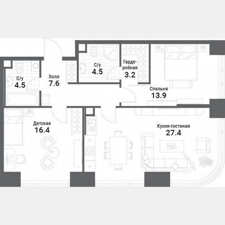 2-к. квартира, 77,5 м², 7/19 эт.