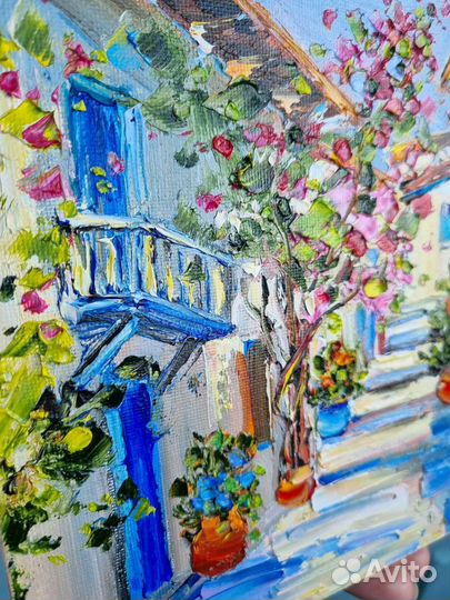 Греция картина маслом улица дома южный город