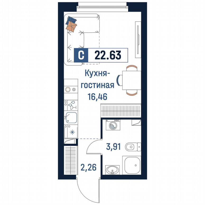 Квартира-студия, 22,6 м², 2/18 эт.