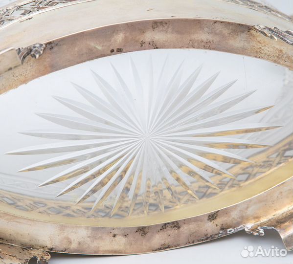 Старинная хрустальная ваза для фруктов. Серебро 84