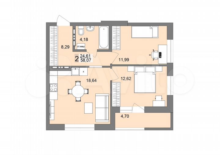 2-к. квартира, 57,8 м², 17/19 эт.