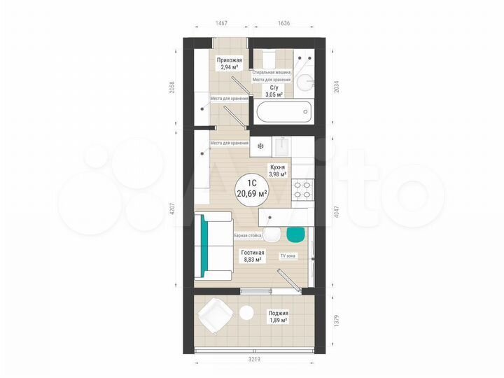 Квартира-студия, 20,6 м², 25/27 эт.