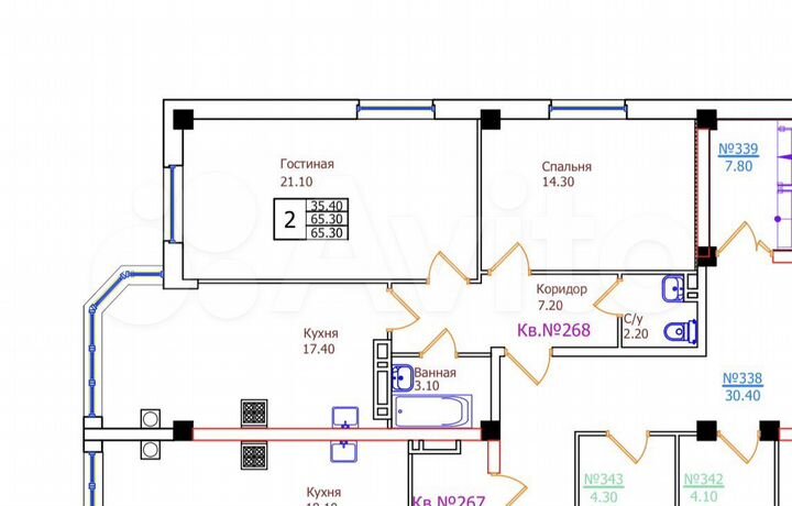 2-к. квартира, 65,3 м², 2/8 эт.