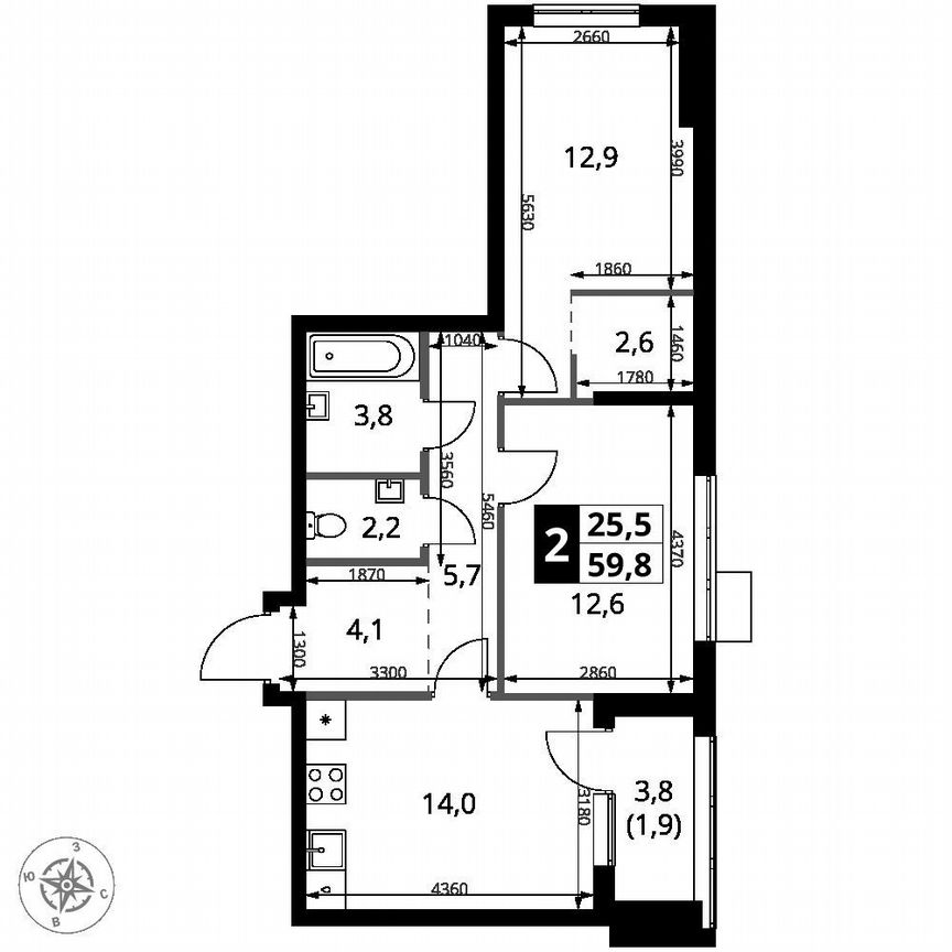 2-к. квартира, 59,8 м², 12/18 эт.