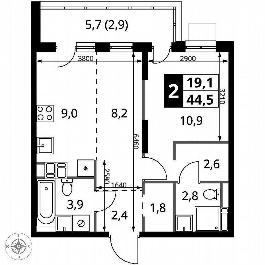 2-к. квартира, 44,5 м², 14/25 эт.