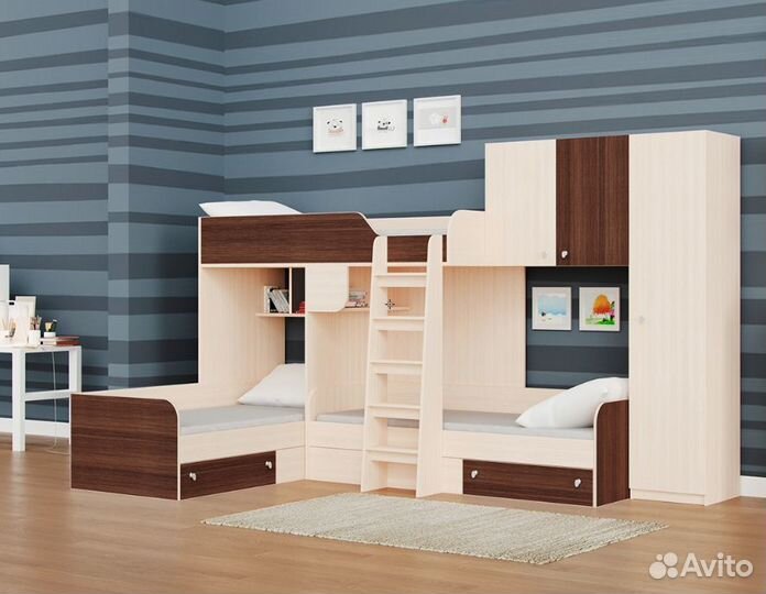 Трехместная кровать трио/2 Дуб молочный/Орех