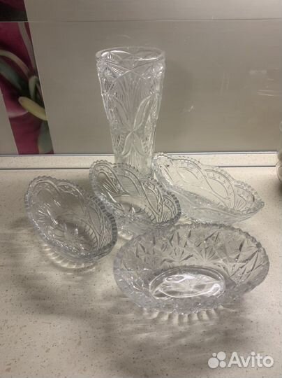 Хрусталь: графин, ладьи, менажница, масленка