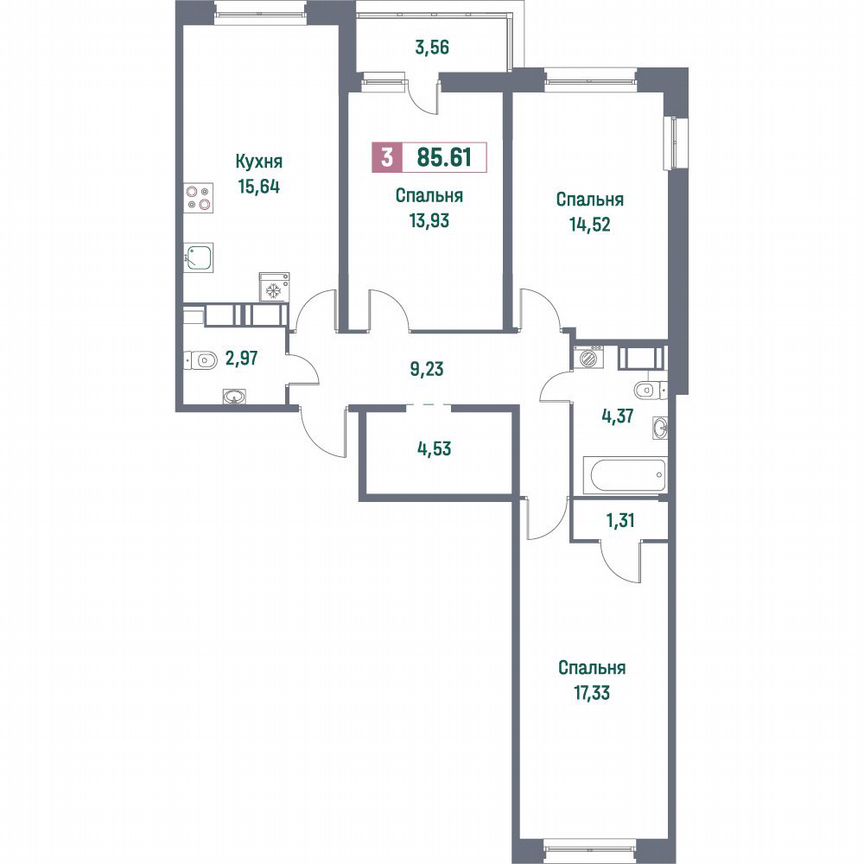 3-к. квартира, 85,6 м², 13/16 эт.