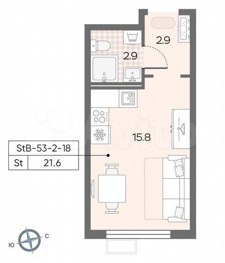 Квартира-студия, 21,6 м², 10/24 эт.