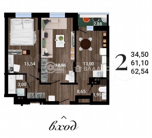 2-к. квартира, 62,5 м², 19/27 эт.