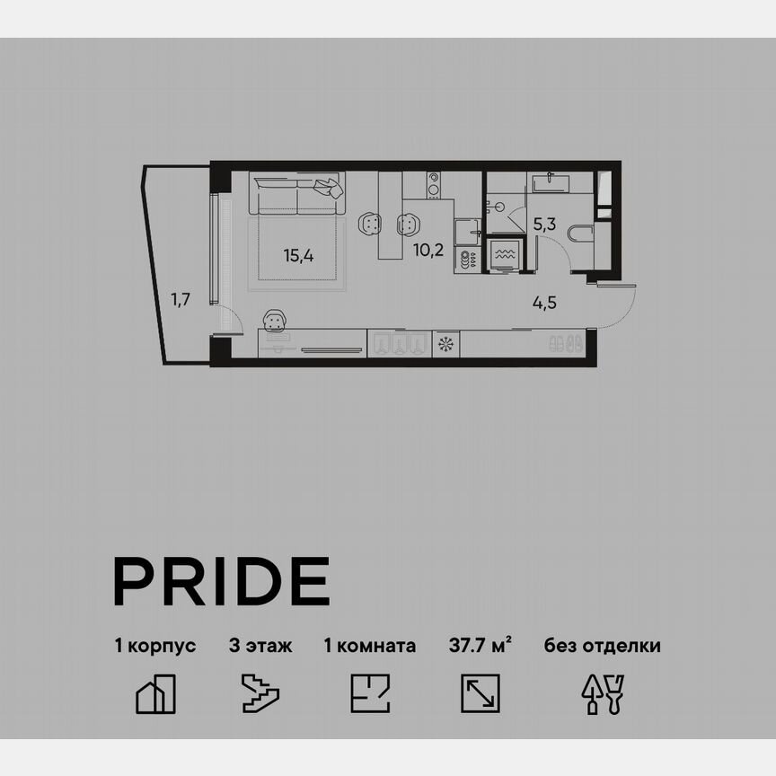 Квартира-студия, 37,7 м², 3/22 эт.