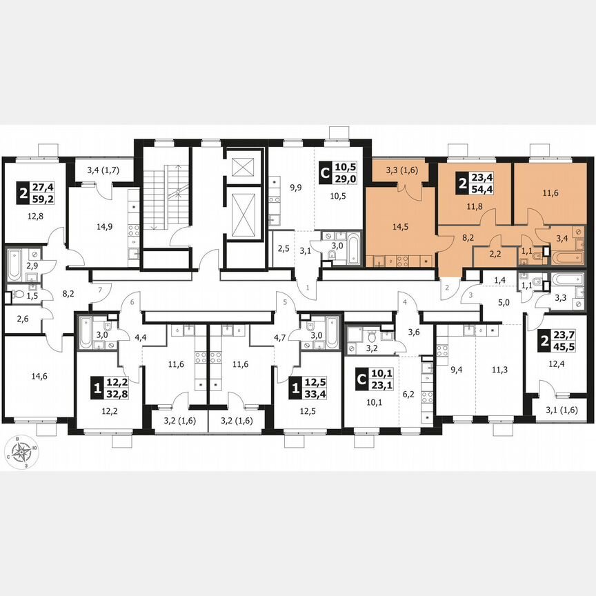 2-к. квартира, 54,4 м², 10/14 эт.