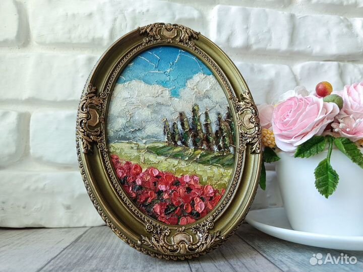 Картина маслом Летний пейзаж с цветами в раме