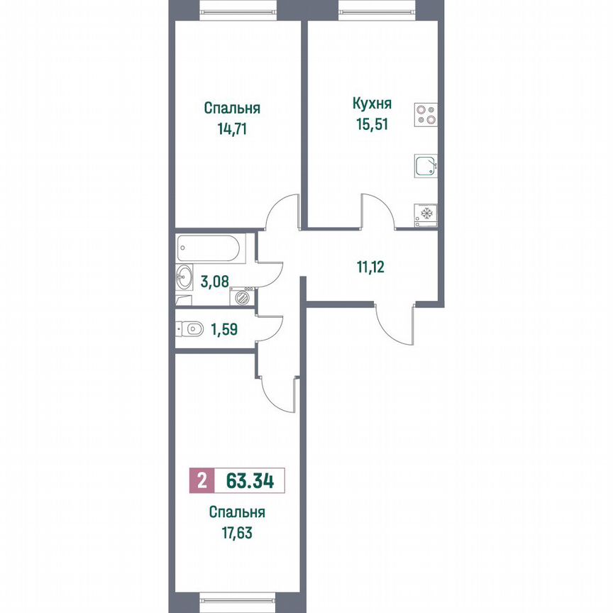 2-к. квартира, 63,3 м², 1/16 эт.