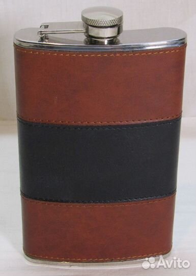Фляга, фляжка из нержавеющей стали, кожа №7029