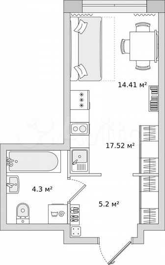 Квартира-студия, 44,6 м², 1/21 эт.