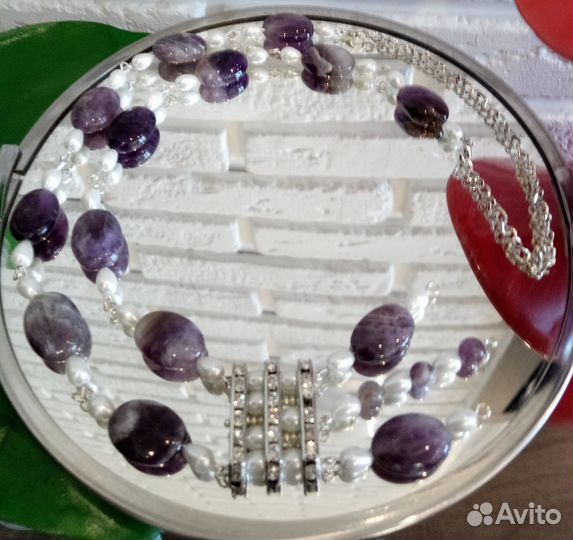 Колье и браслет из аметиста и речного жемчуга